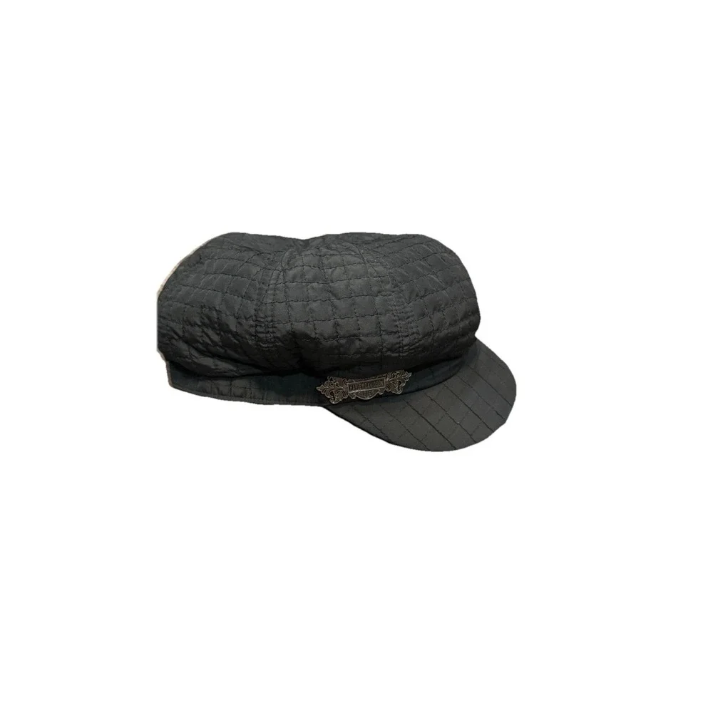 Harley Davidson Women's Black Quilted Newsboy Cabbie Hat Metal Logo Size S